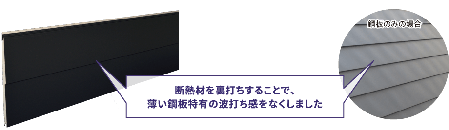 断熱材を裏打ちすることで、薄い鋼板特有の波打ち感をなくしました