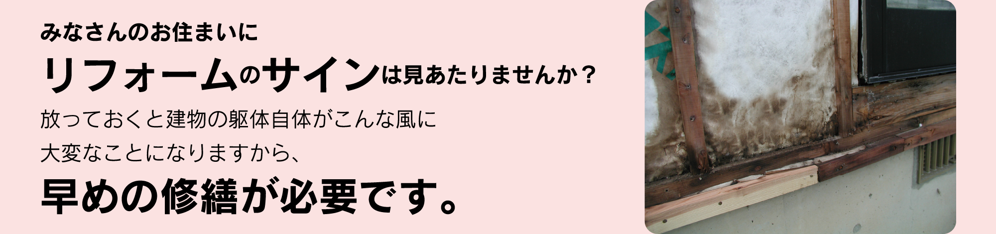 みなさんのお住まいにリフォームのサインは見あたりませんか？放っておくと建物の躯体自体がこんな風に大変なことになりますから、早めの修繕が必要です。