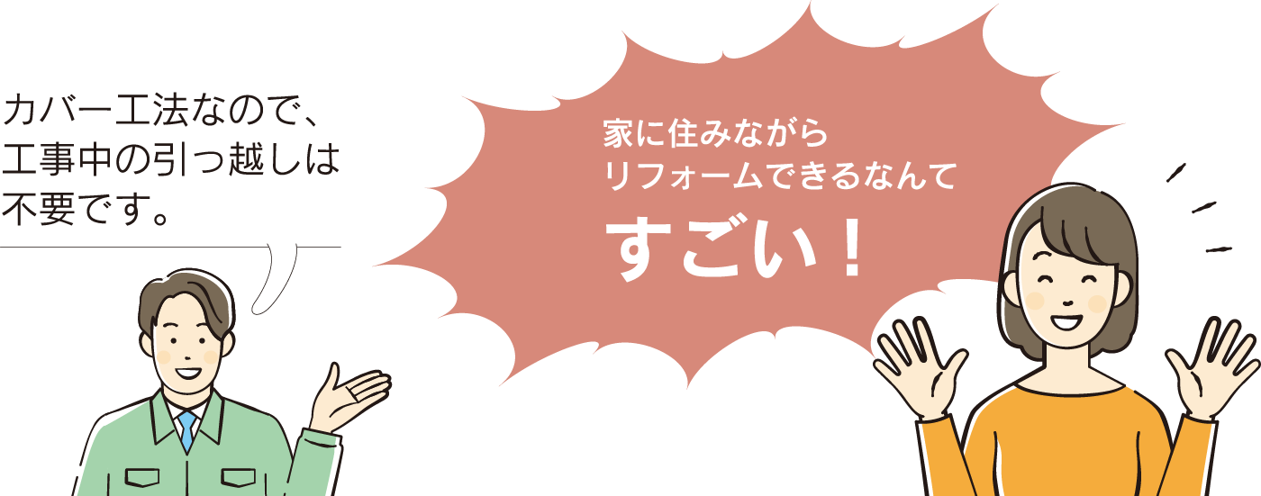 カバー工法なので、工事中の引っ越しは不要です。　家に住みながらリフォームできるなんてすごい!　そうなんです！あなたの思いを叶える、それがアイジーリフォームです！