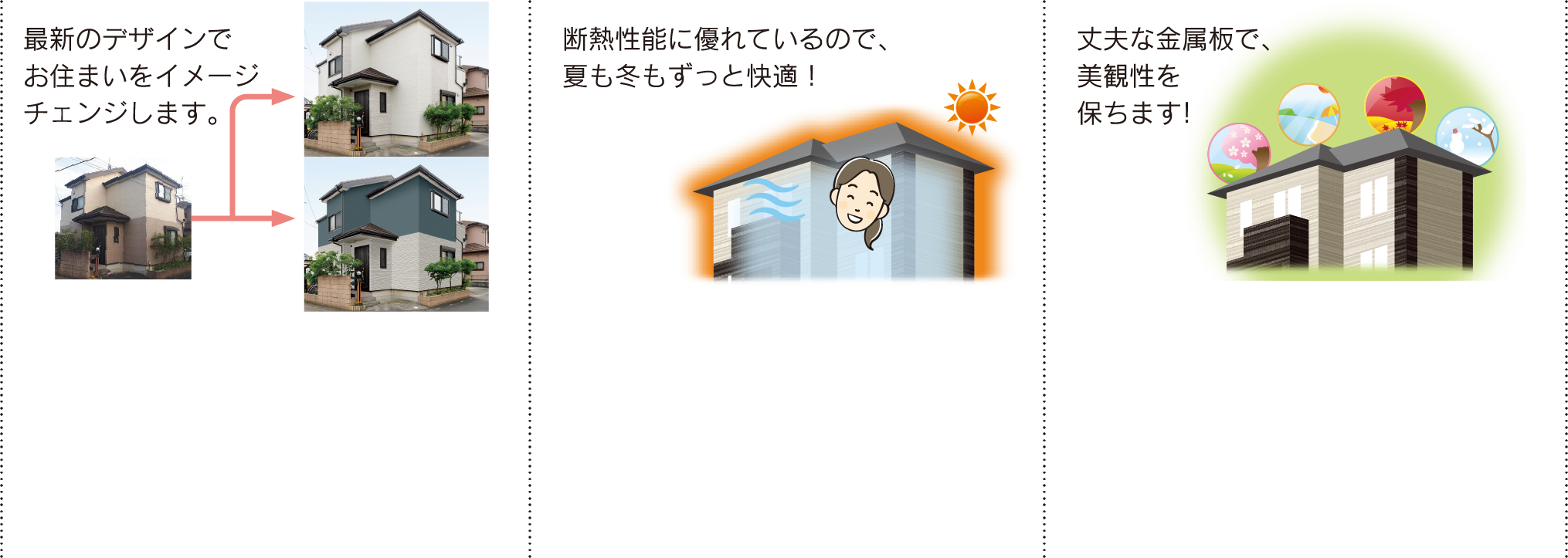 最新のデザインでお住まいをイメージチェンジします。　断熱性能に優れているので、夏も冬もずっと快適！　丈夫な金属板で、美観性を保ちます!